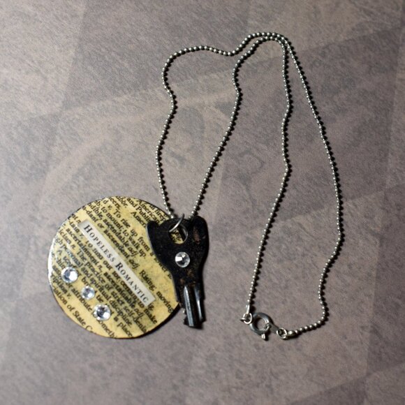Hopeless Romantic handmade necklace with antique key and book page - Picture 2 of 4
